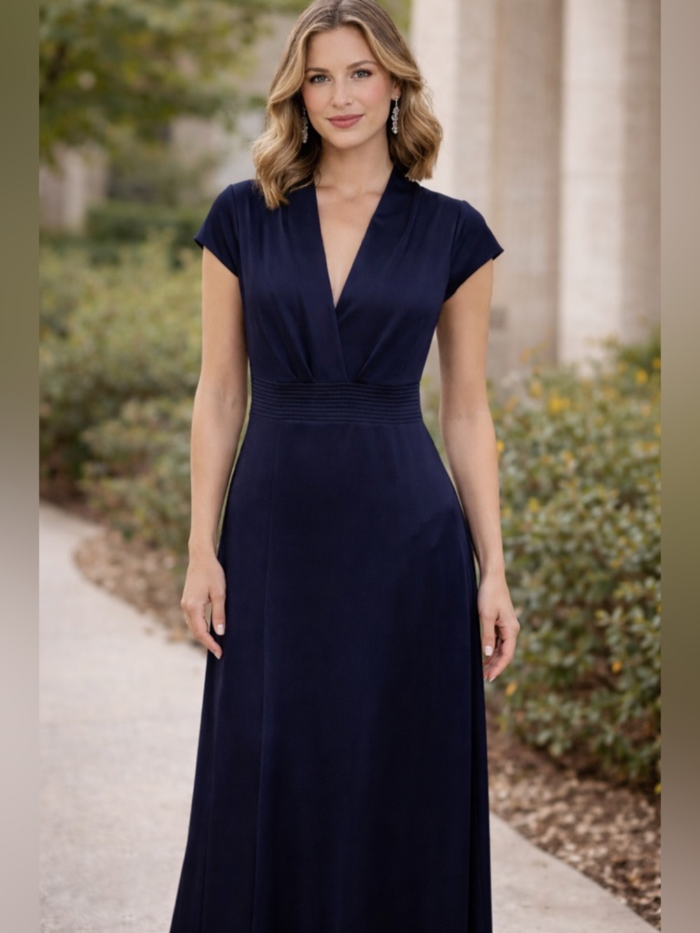 Moda International Navy‎ Cap-Sleeve Deep V-Neck Maxi Formal Dress Y2K vibe